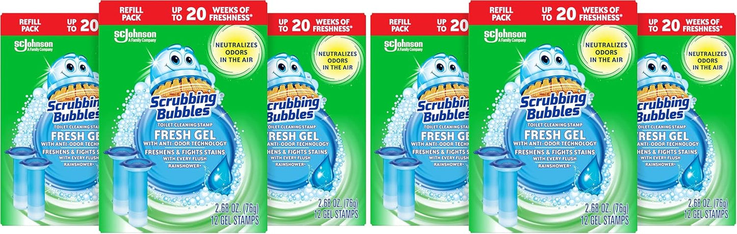 Scrubbing Bubbles Fresh Gel Toilet Bowl Cleaning Stamps, Helps Keep Toilet Clean and Helps Prevent Limescale & Rings, Rainshower Scent, 1 Dispenser with 24 Fresh Gel Stamps