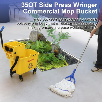 35 Qt. Side-Press Mop Bucket and Wringer Combo on Wheels Yellow for Professional/Industrial/Business Heavy-Duty Floor Cleaning/Mopping,Including Industrial Mop and Rubber Gloves