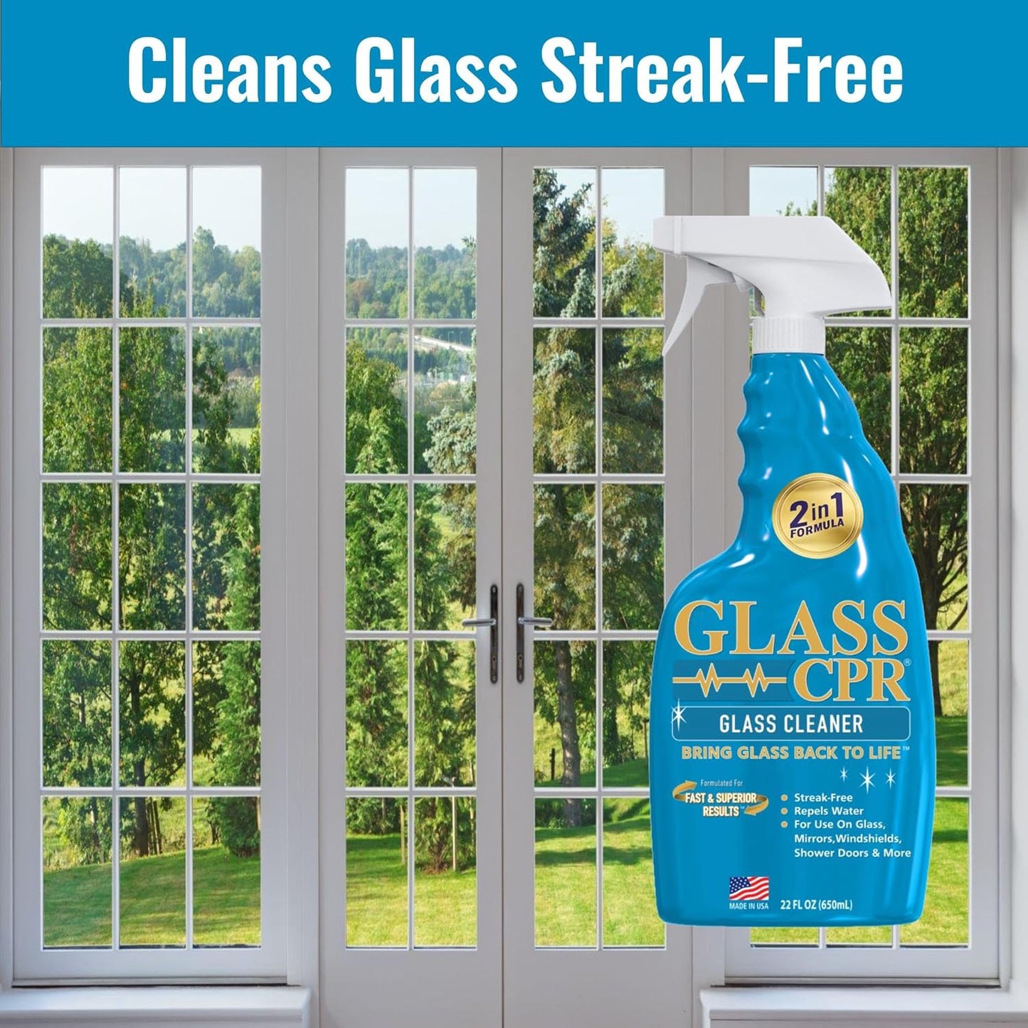 Glass CPR 2-in-1 Glass Cleaner and Water Repellent, 22 oz Spray plus 2 Microfiber Applicator Towels, Streak-Free for Shower Doors, Windshields, Mirrors, Hard Water Stain Formula, Made in USA