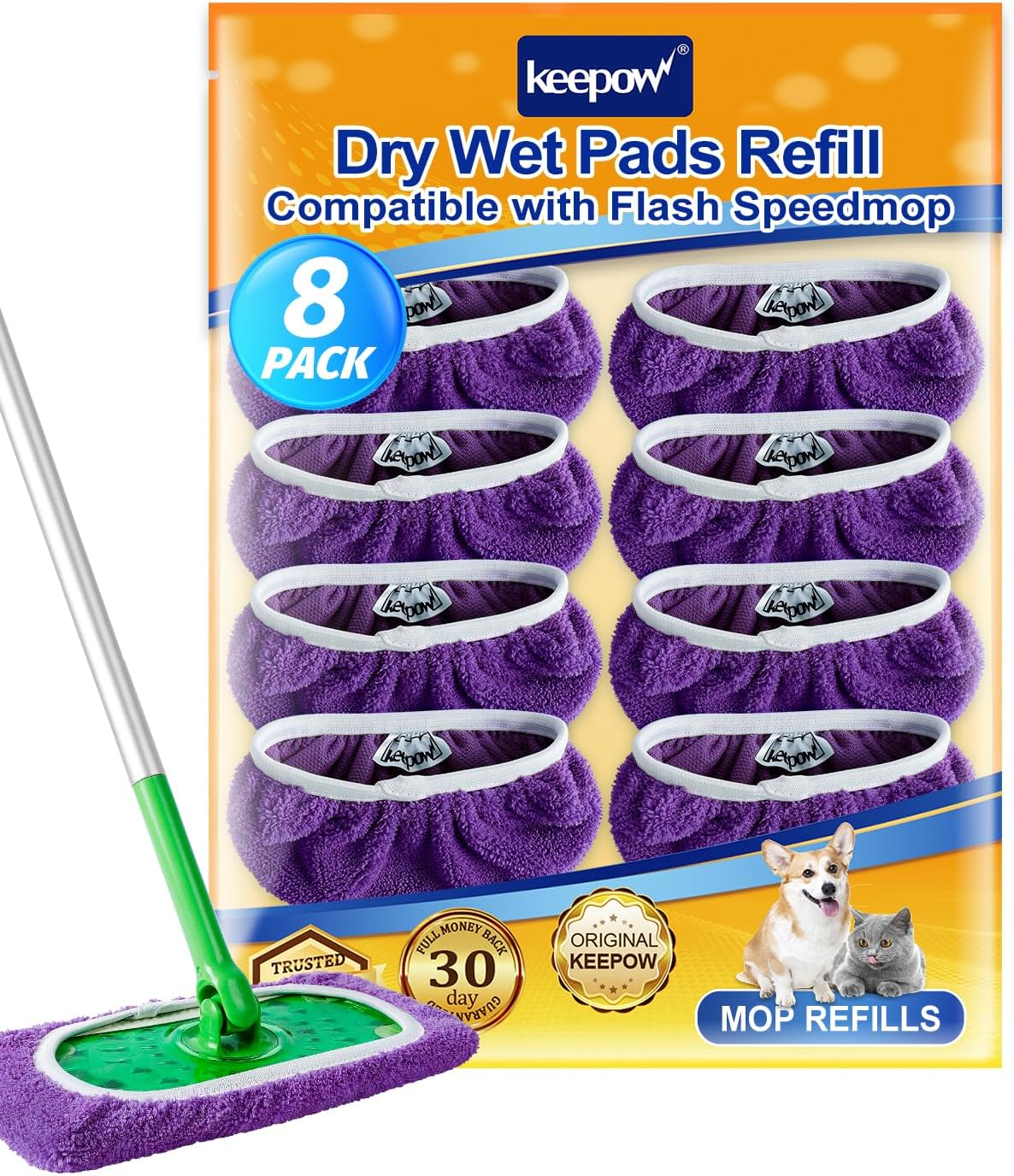 KEEPOW Reusable Mop Pads Compatible with Swiffer Sweeper Mop, Dry Sweeping Cloths for Swiffer Pads, 8 Pack Washable Microfiber Wet Mopping Cloth Refills for Surface/Hardwood Floor Cleaning