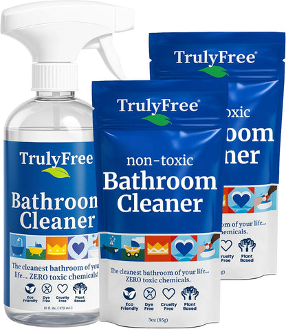 Truly Free All Natural Non-Toxic Bathroom Cleaner Spray Kit, Organic Bath & Tile Cleaning Solution for Toilet, Sink, Tub & Shower, 16 oz Reusable Empty Bottle + Two Fills, 3 oz ea.