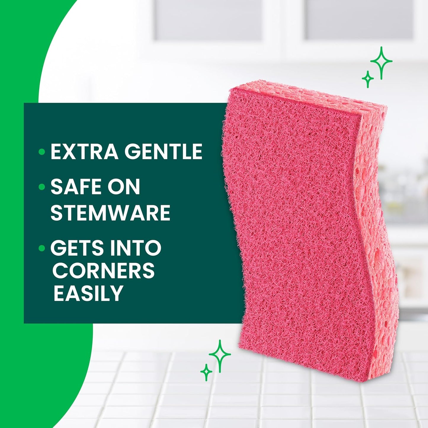 Scotch-Brite Delicate Clean Non-Scratch Scrub Sponge, 3 Nonscratch Kitchen Sponges for Gentle Cleaning of Porcelain, Fine china, Stemware, Nonstick Pots and Pans, Mirrors, Faucets, and More