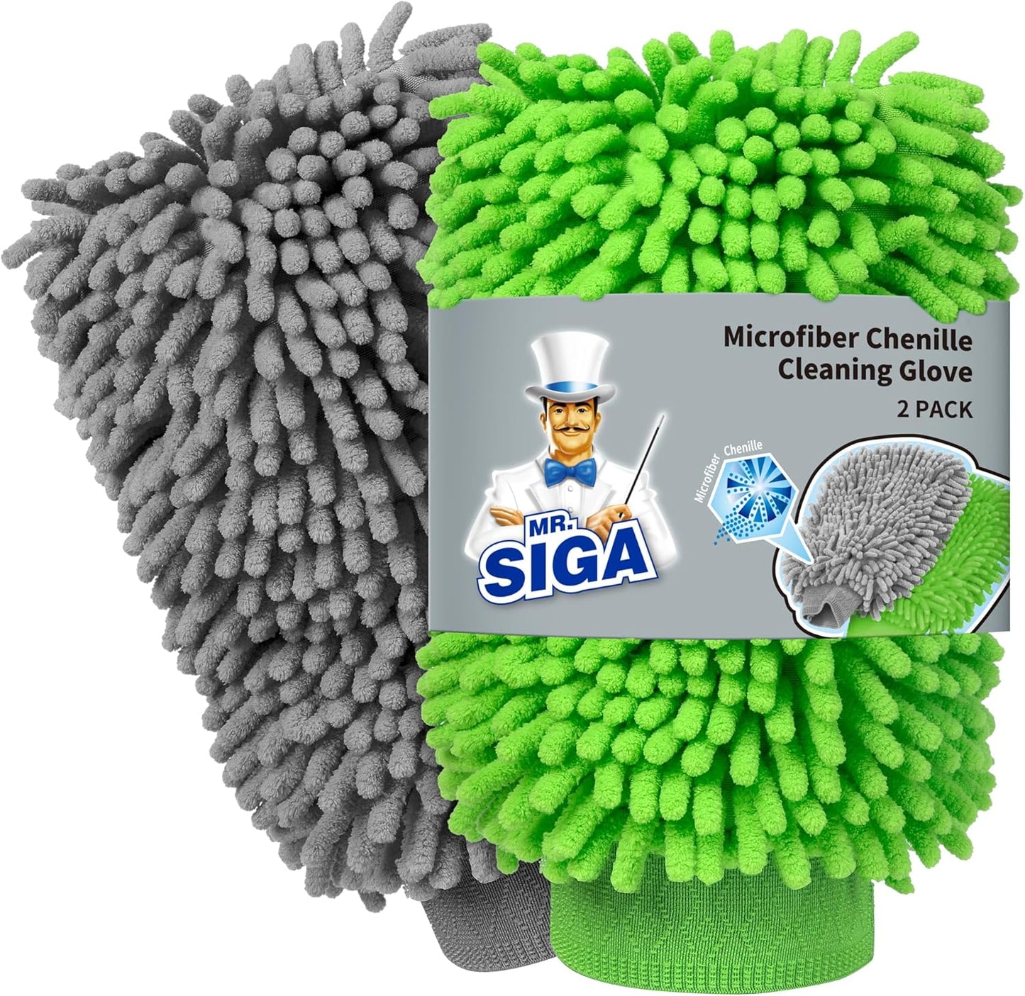 MR.SIGA Premium Microfiber Soft Chenille Car Wash Mitt, Pack of 2, Blue & Yellow