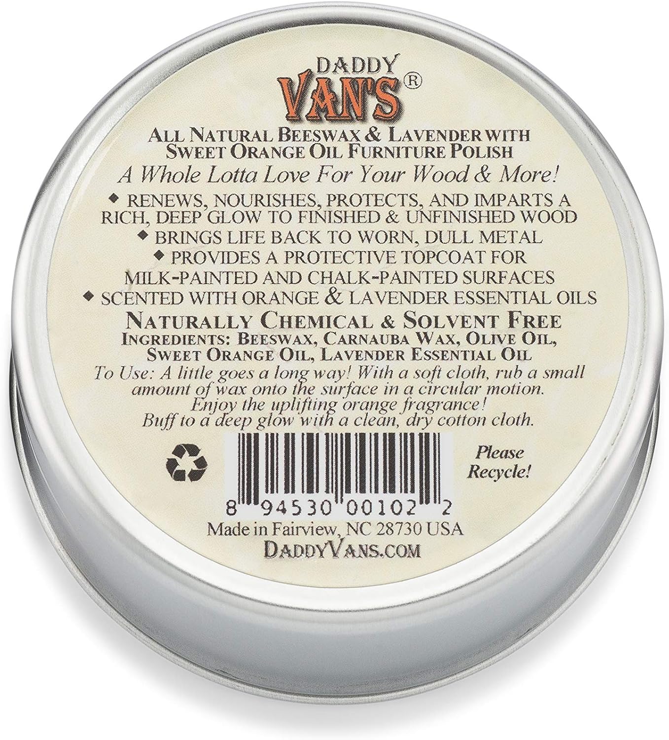 Daddy Van's Beeswax Furniture Polish – Natural Wood Polish with Lavender & Sweet Orange Oil – Non-Toxic, Chemical-Free, Eco-Friendly Wood Conditioner – Safe for Kids & Pets – 6 oz