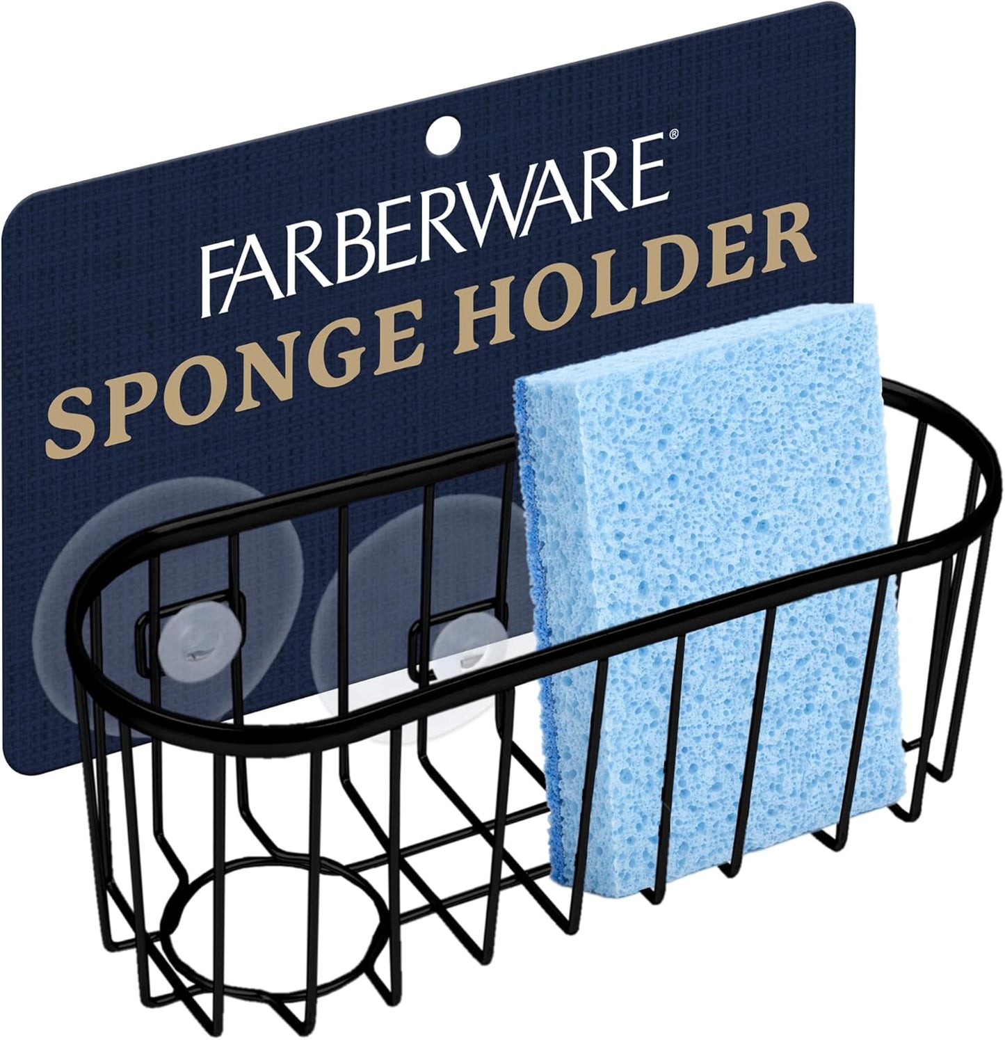 Farberware Sponge Holder for Kitchen Sink—Brushed Metal Sink Caddy Organizer with Triple Suction Cups, Kitchen Organizer for Sponges, Brushes, Soap & Cleaning Essentials