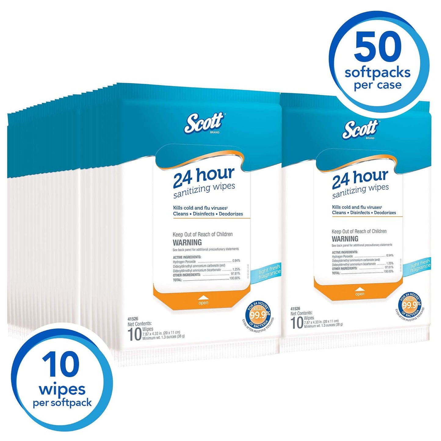 Scott 24 Hour Sanitizing Wipes – Multi-Surface Cleaning & Disinfecting, Continuous Sanitization for 24 Hours – (41526), 50 Packs x 10, 500 Wipes