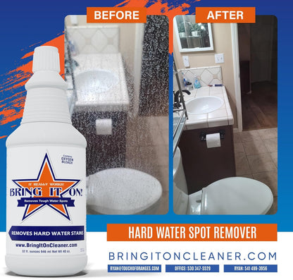 Bring It On Cleaner Hard Water Stain Remover 16 oz | Glass, Soap Scum Remover for Shower Glass, Fiberglass, Windows, Tile and Grout Cleaner, and Includes Scrubbing Drill Pads