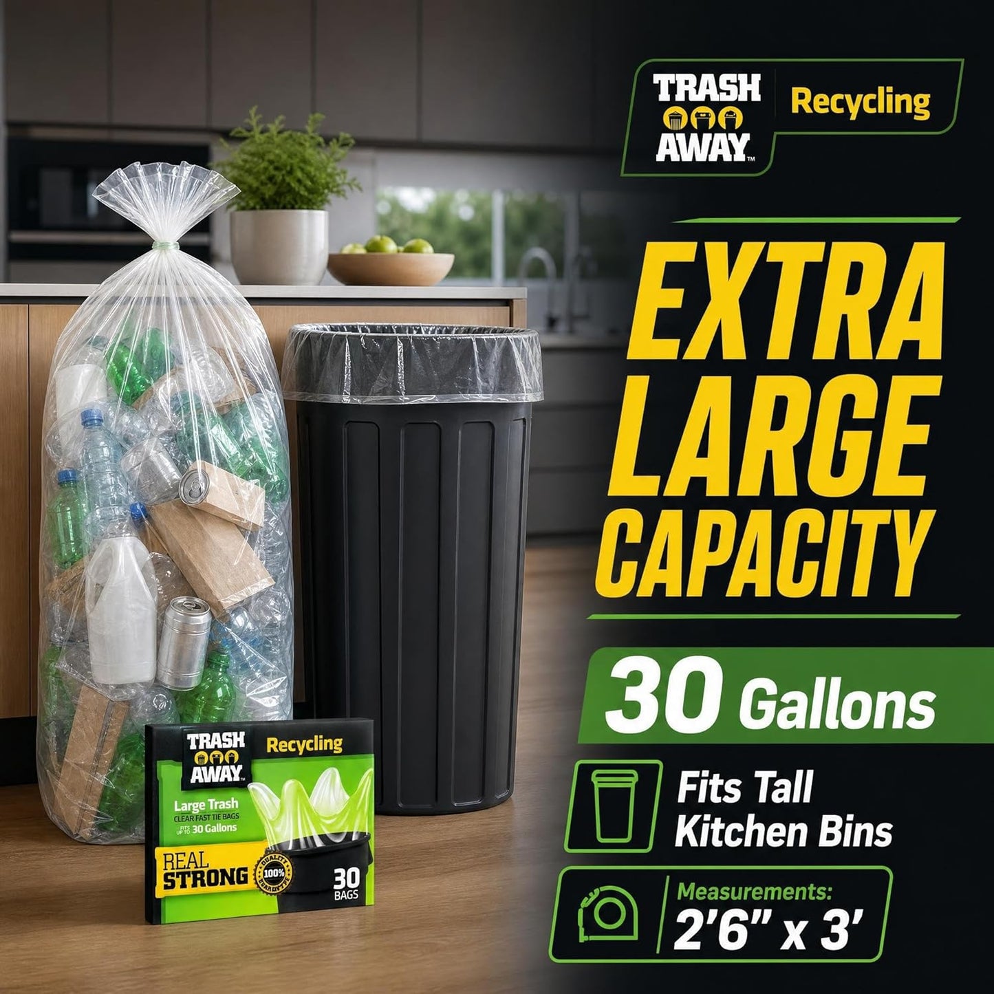 Heavy Duty Clear Recycling Bags | Tall & Strong Bags for Home & Kitchen - (30 Ct, 30 Gallons) Large Trash Bags Paper, Plastic & Aluminum | Thick Recycle Bin Bags (Clear)
