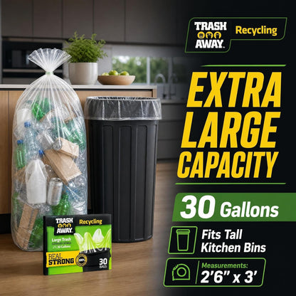 Heavy Duty Clear Recycling Bags | Tall & Strong Bags for Home & Kitchen - (30 Ct, 30 Gallons) Large Trash Bags Paper, Plastic & Aluminum | Thick Recycle Bin Bags (Clear)