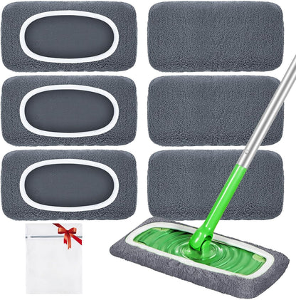 Reusable Mop Pads Compatible with Swiffer Sweeper Mop, Microfiber Dry Sweeping Cloths & Machine Washable Wet Pads Refill for Use on All Sealed Floors - Stone, Hardwood, Laminate & Tile (6 Blue)