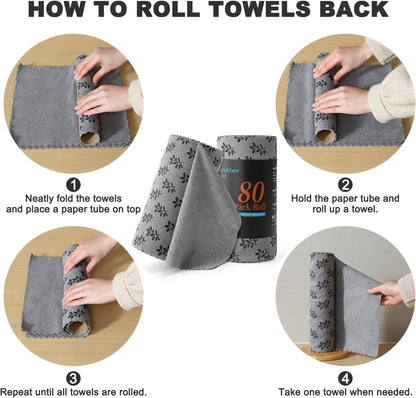 Microfiber Cleaning Cloth Roll,80 Pack Cleaning Towels,Lint Free Rags Paper Towels & Tear Away Reusable Towels,Washable Shop Rags Floral Wipe Cloth,Wash Cloths Dish Rags for Car Kitchen Window
