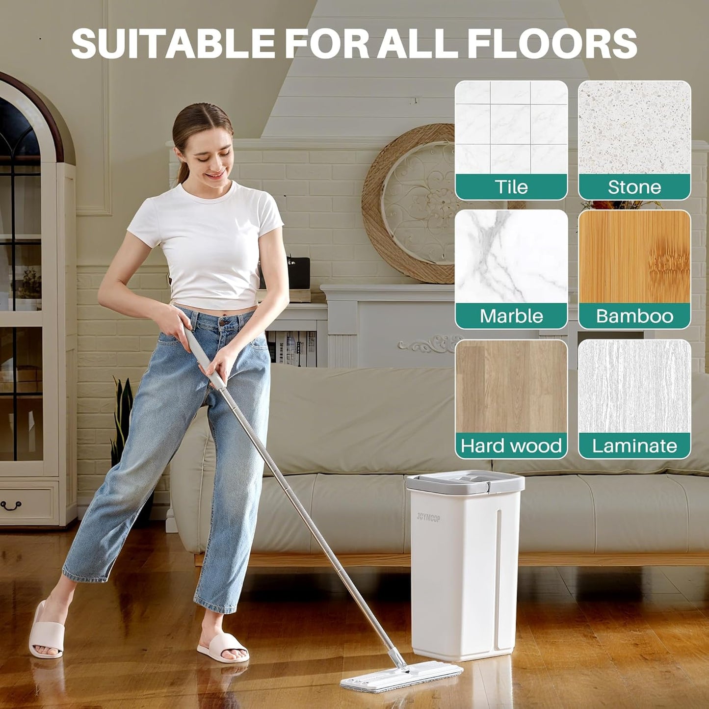 JOYMOOP Microfiber Flat Mop and Bucket System, Mops for Floor Cleaning and Wall Cleaner, Hardwood, Tile, Laminate, Vinyl Floors, Smooth Walls, and Glass Windows - 50" Flat Mop+1 Microfiber Pad[White]