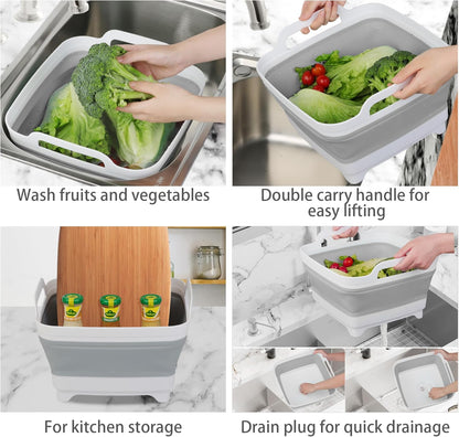 2 Pack Dishpan for Washing Dishes, 2.4Gal/9L Wash Basin with Draining Plug Carry Handles, Collapsible Bucket for Cleaning, Portable Sink, Foldable Plastic Tub