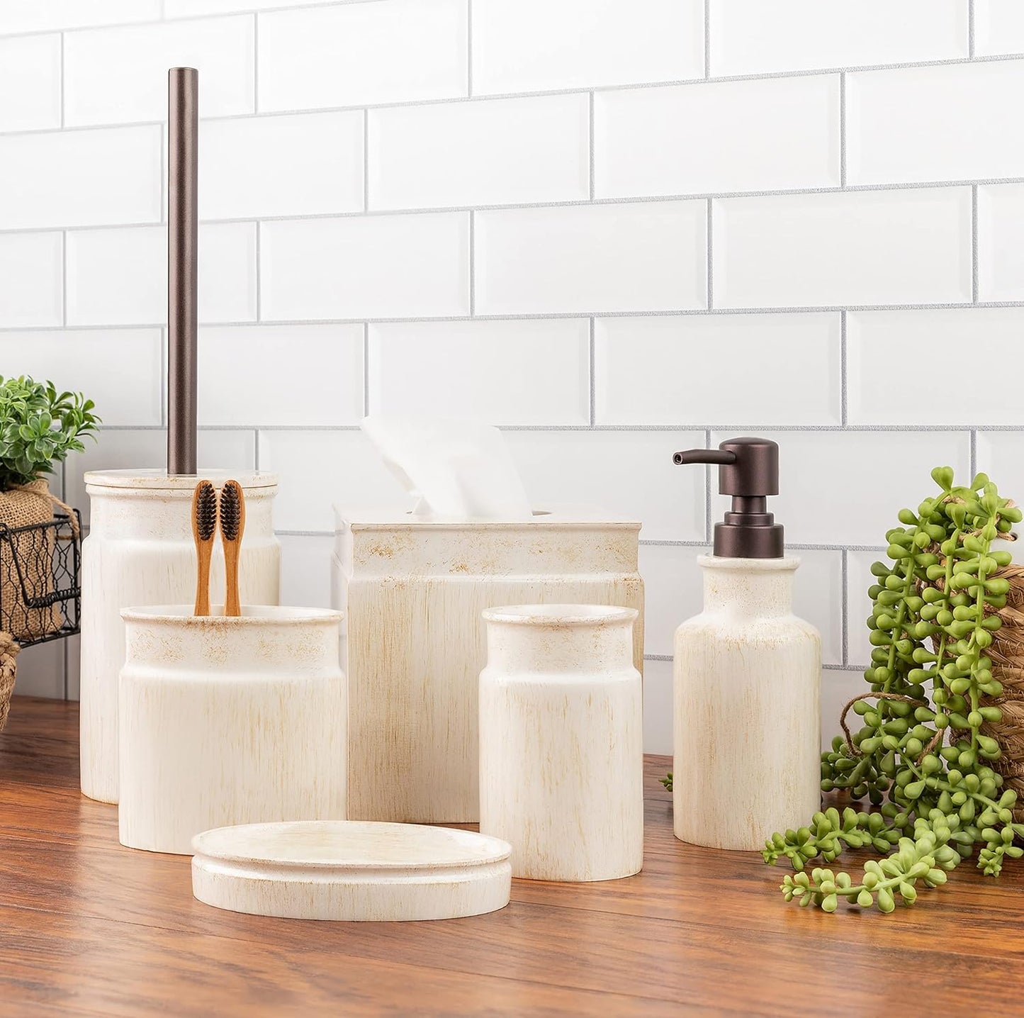 Creative Scents Rustic Luxe Toilet Brush and Holder Set - Beige Toilet Bowl Cleaner Brush with Strong Metal Handle - Long Bristles Toilet Bowl Brush and Holder - Rustic Farmhouse Decor
