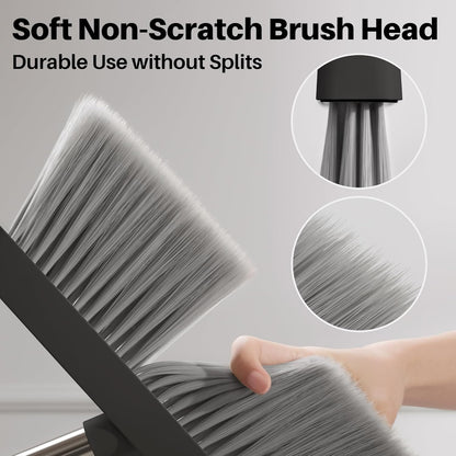 JOYMOOP White Broom and Dustpan Set, Upright Angle Design with Built-in Comb Teeth for Kitchen, Office, Pet Hair, Hard Floors