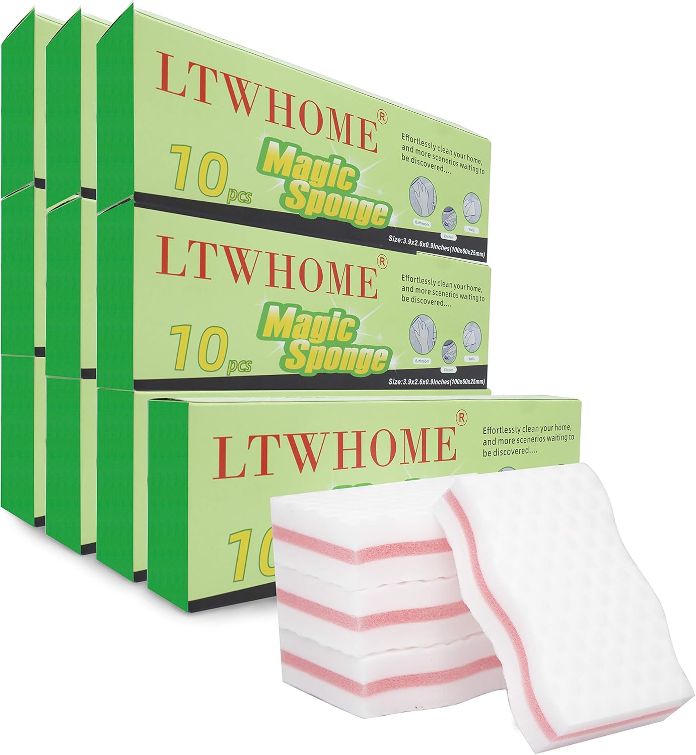 LTWHOME Cuty Pink Interlayer Magic Cleaning Wave Type Sponge High Density Melamine Foam 3.93" X 2.36" X 1" (Pack of 100)