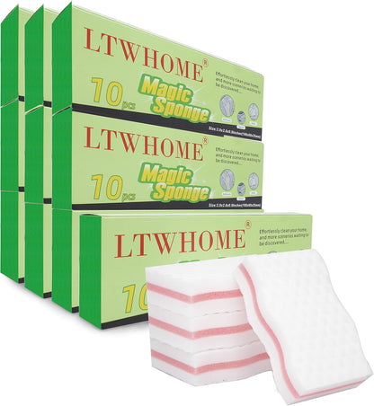 LTWHOME Cuty Pink Interlayer Magic Cleaning Wave Type Sponge High Density Melamine Foam 3.93" X 2.36" X 1" (Pack of 100)