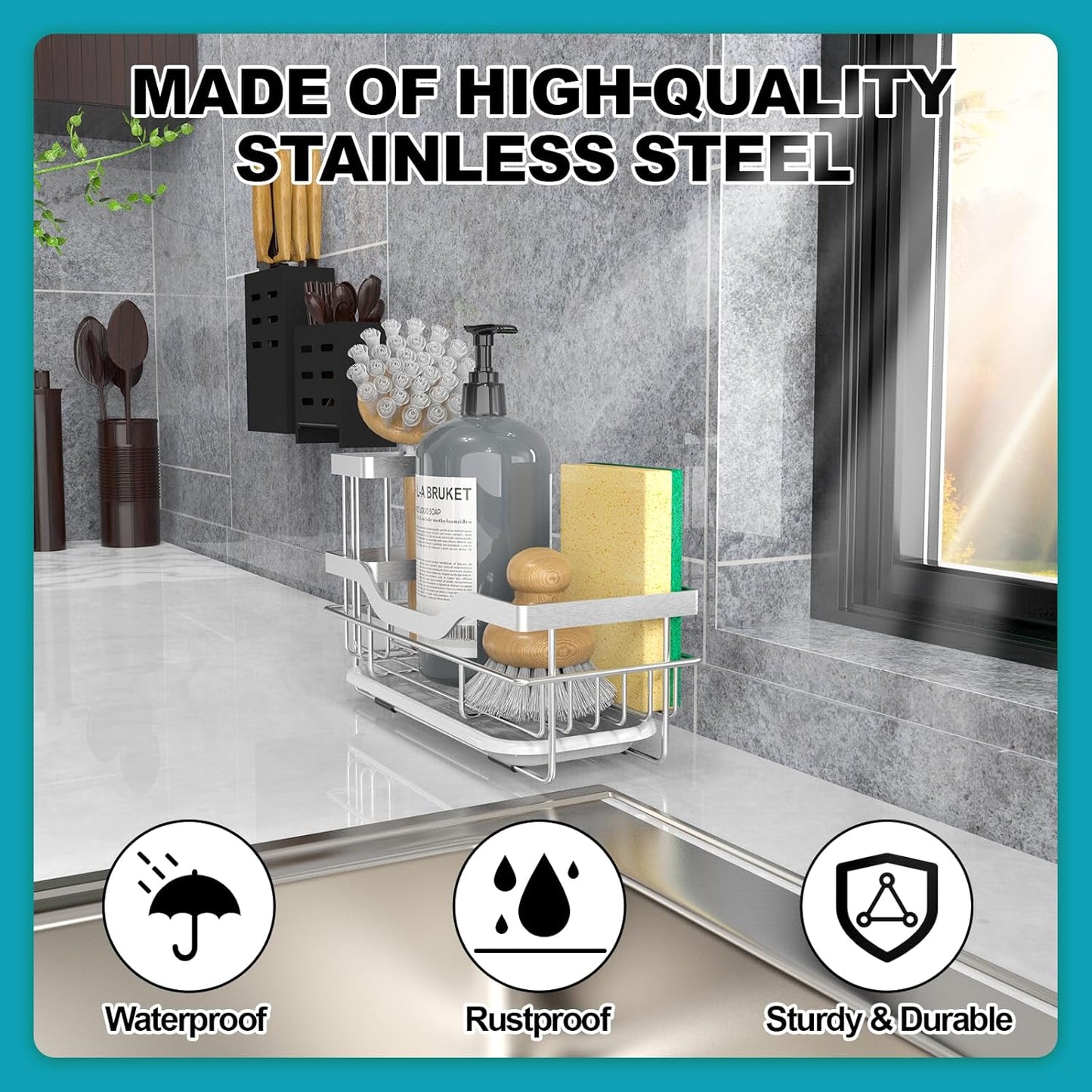 Vanwood Kitchen Sink Caddy Organizer Sponge Holder for Kitchen Sink, Rustproof Dish Soap Sponge Caddy for Counter with Detachable Brush Holder & Drain Tray - Storage Home & Cocina Accesorios, SILVER
