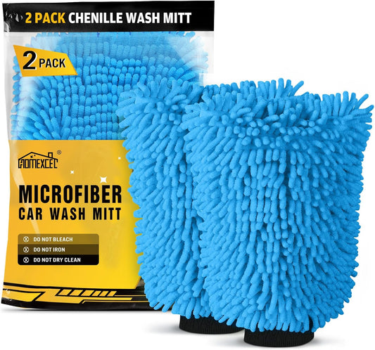 HOMEXCEL Car Wash Mitt, 2PK Chenille Microfiber Wash Mitt, Scratch-Free & Lint-Free, Rich Foam, Highly Absorbent, Double Sided, Perfect for Car Washing and Detailing, 10.2" x 6.7 ", Grey