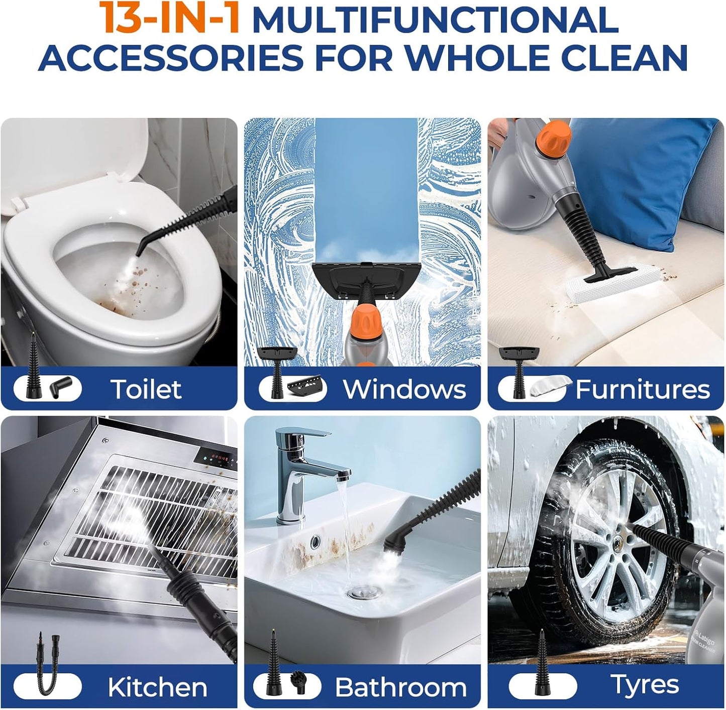 Steam Cleaner, Pressurized Handheld 13pcs Multi-Purpose Natural Deep Cleaning Steamer, Portable Steamer for Cleaning Home, Grout, Kitchen, Car, Window, Upholstery, Bathroom and Clothes, Gray