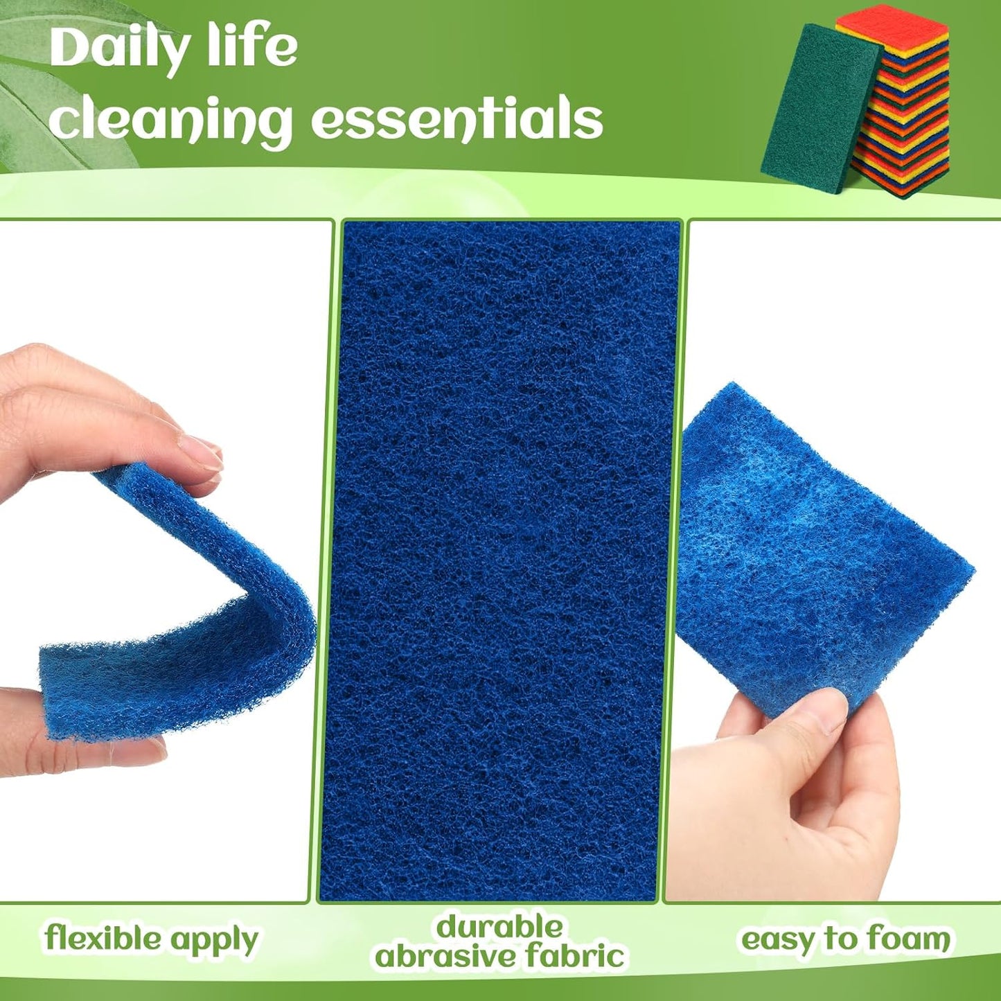 Hoolerry 100 Pcs Heavy Duty Scouring Pads Non Scratch Household Scrub Pads for Cleaning Reusable Pan Scrubber Anti Grease Scrubbing Pads for Dish Kitchen Metal Grills, 4.3 x 3 x 0.3 in (Green)