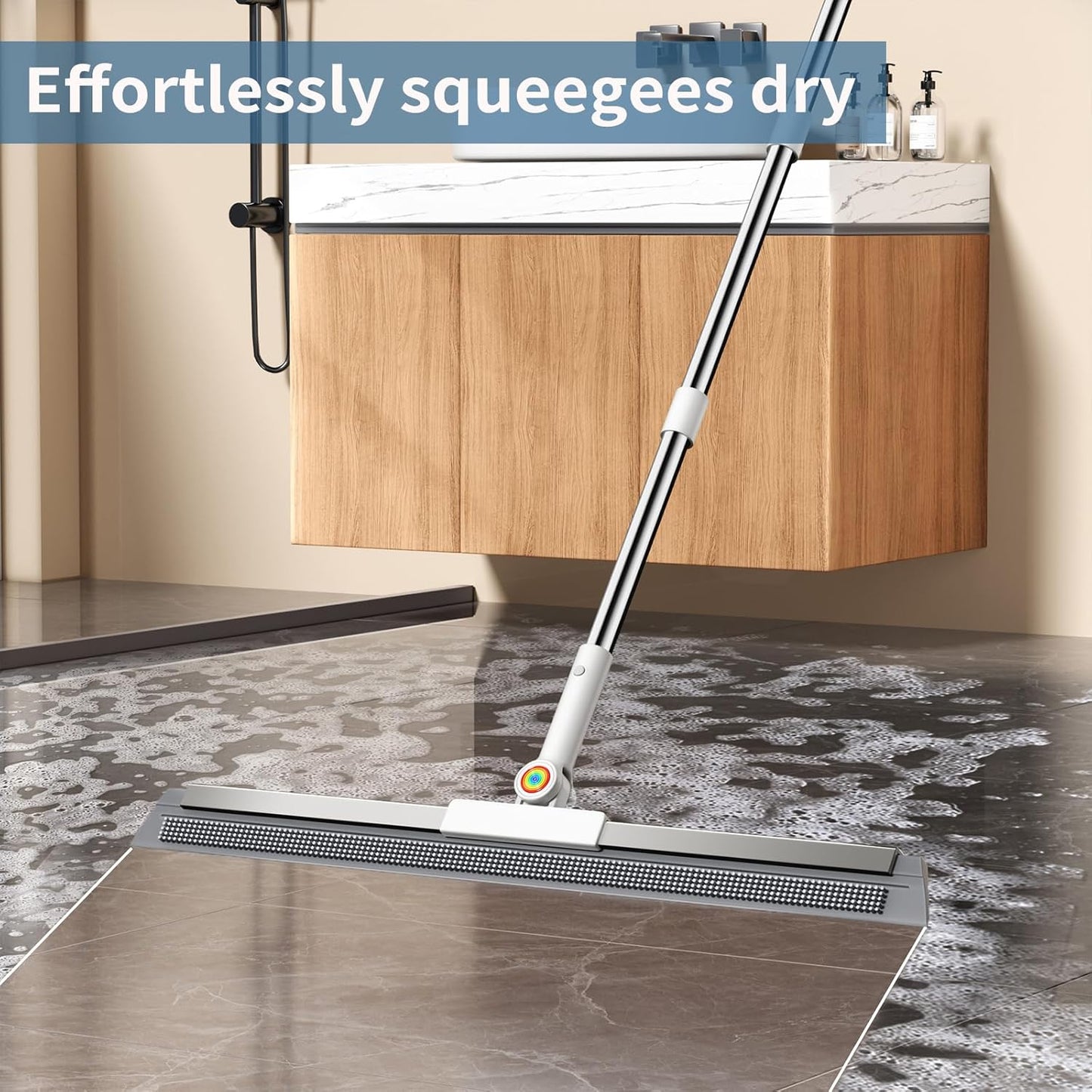 Floor Squeegee for Concrete Floor, Squeegee for Floor with 180° Rotating Head & 63" Long Handle, Garage Floor Squeegee Broom for Epoxy, Pet Hair, Water Removal, Tile Floor, Shower Glass, Driveway