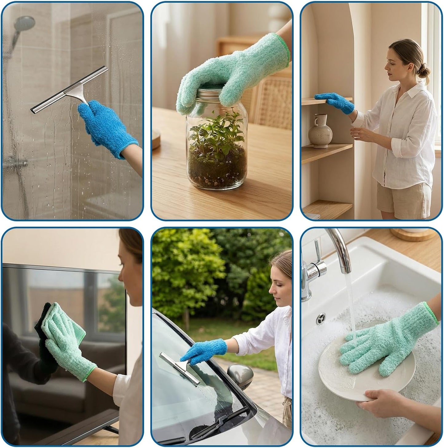 Nogeqi 2 PCS Microfiber Gloves for Plants, Reusable Dusting Gloves, Washable Microfiber Dusting Mitt for Plants Cars House Furniture Blinds Kitchen Small Objects Cleaning (Mint Green, Royal Blue)