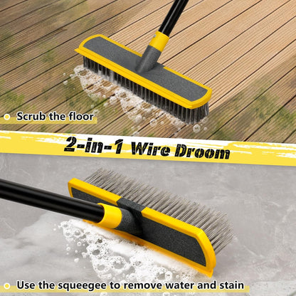 Heavy Duty Broom Wire Floor Scrub Brush with Long Handle, 2 in 1 Scrape and Stainless Steel Bristle Brooms Scrubber for Deck Concrete Patio Outdoor Moss Removal