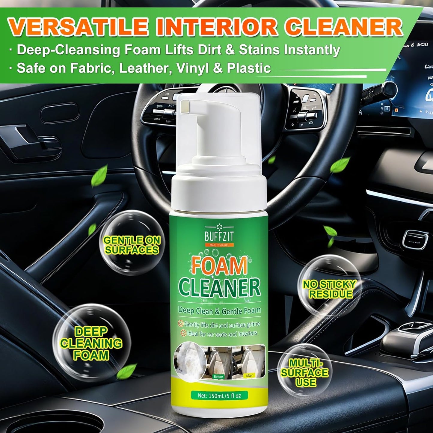 Car Interior Foam Cleaner, All-in-One Kit with Soft Brush & Microfiber Towel, Deep Clean Seats, Carpet & Upholstery, No-Rinse, Safe on Leather, Fabric, Vinyl & Plastic, 150ml (5oz)