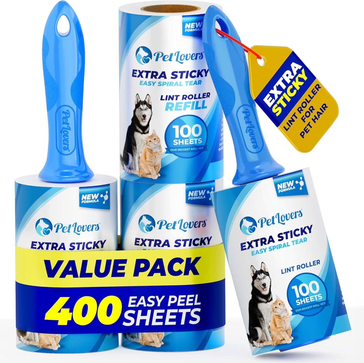 PetLovers Extra Sticky Lint Roller Mega Value Set 600 Sheets for Pet Hair Removal, Dog and Cat Lint Remover 6 Pack