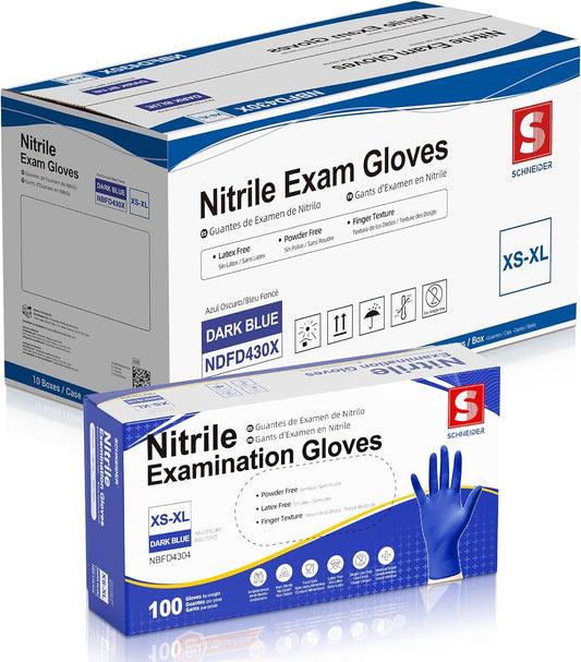 Schneider Nitrile Exam Gloves, Dark Blue, Disposable Gloves, Latex-Free, Powder-Free, Food Safe for, Cooking, Household Use