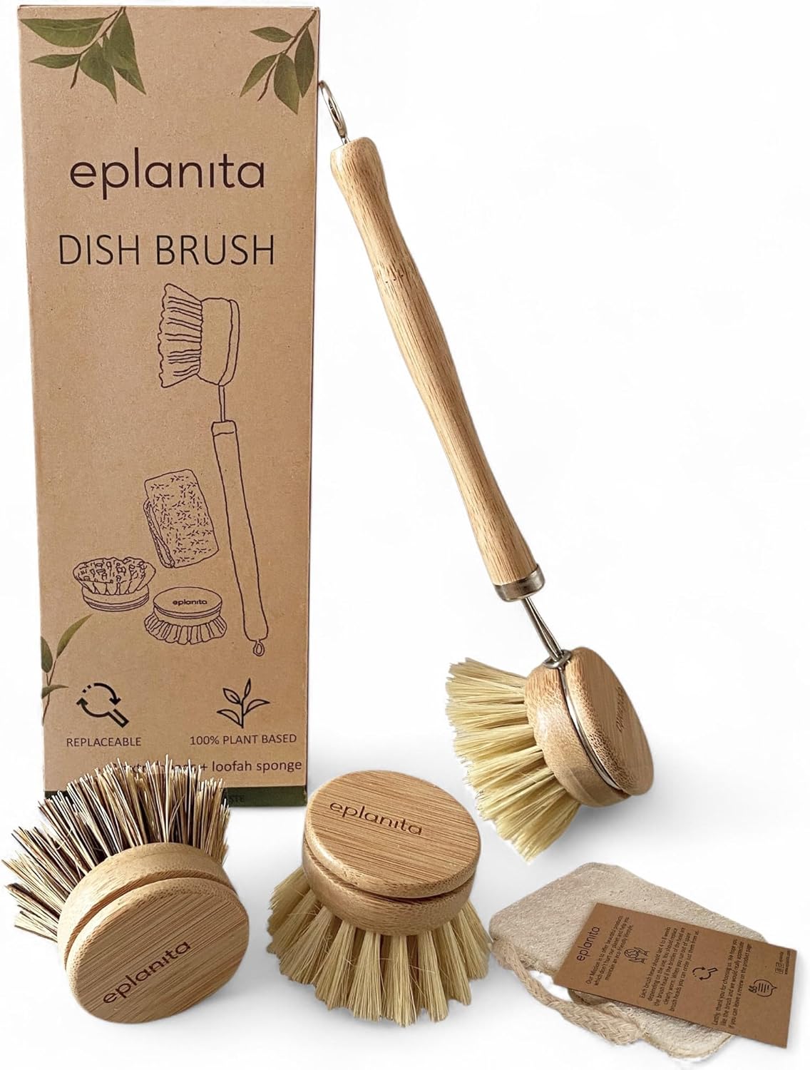eplanita Natural Dish Brush, 3 Replacement Heads, Kitchen Eco Bamboo Scrubber Brushes, Extra Plant Sponge, Plastic Free Washing Up, Zero Waste Cleaning