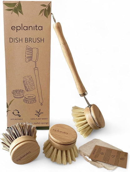 eplanita Natural Dish Brush, 3 Replacement Heads, Kitchen Eco Bamboo Scrubber Brushes, Extra Plant Sponge, Plastic Free Washing Up, Zero Waste Cleaning
