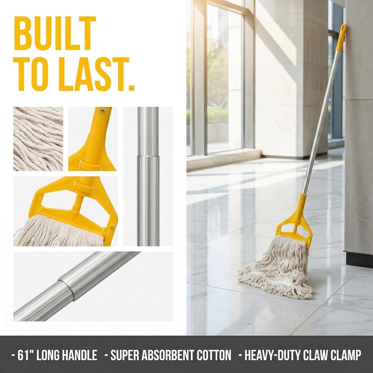 Yesland Commercial Mop with 2 Mop Heads, Industrial Cotton Mops with 61inch Long Handle, Heavy Duty Looped-End String Wet Mops for Cleaning Office Garage Hardwood Warehouse Factory Mall Deck