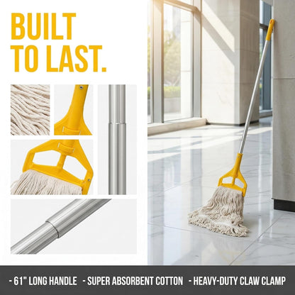 Yesland Commercial Mop with 2 Mop Heads, Industrial Cotton Mops with 61inch Long Handle, Heavy Duty Looped-End String Wet Mops for Cleaning Office Garage Hardwood Warehouse Factory Mall Deck