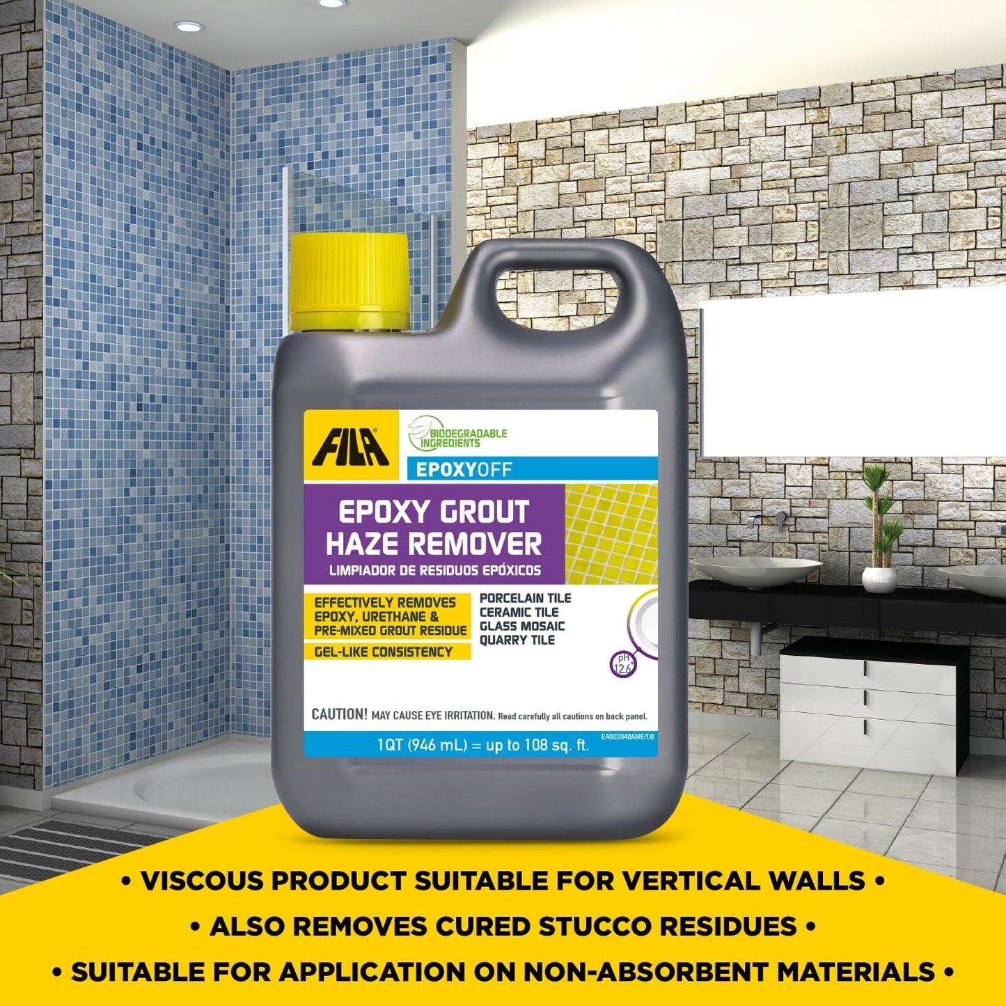FILA EPOXYOFF, Epoxy Grout Haze Remover, Effectively Removes Epoxy Residue, The Product Can Be Applied on Vertical Surfaces, 1 QT