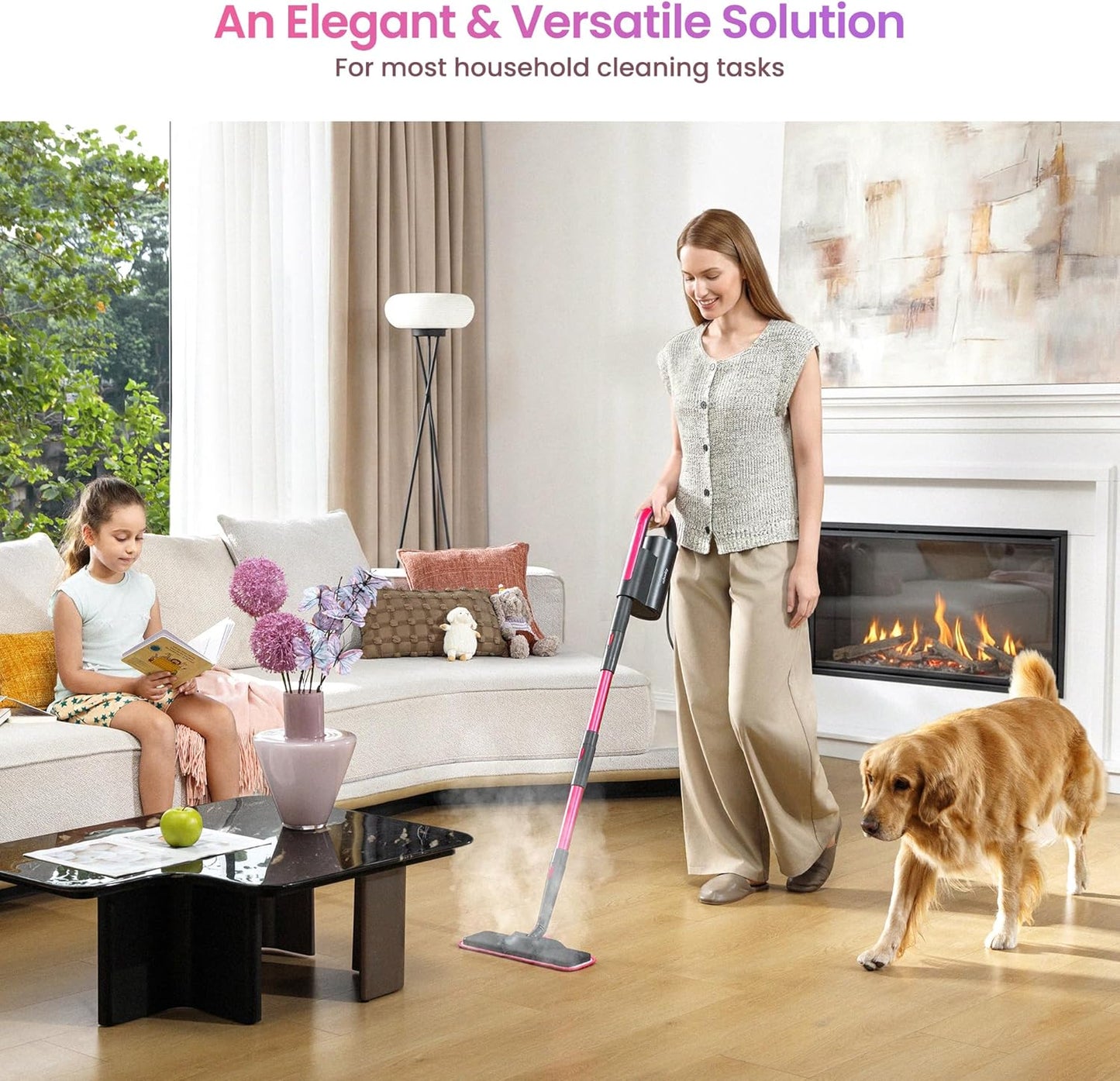 Schenley Steam Mop Cleaner Powerful - 15s Fast Heat-Up, Chemical-Free for Hardwood/Tile/Laminate & Floors/Walls, Washable Pads, 3 Modes for Carpet, Lightweight, Self-Standing, Sleek Design