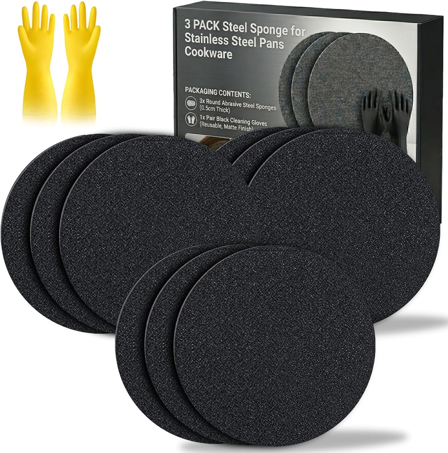 3PACK Korea Steel Sponge for Stainless Steel Pans Cookware - Croppable Professional Stainless Steel Pan Sponges for Heavy Duty Burnt-On Stain Removal, Mirror Shine Restorer (3PCS)