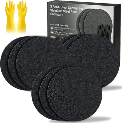 3PACK Korea Steel Sponge for Stainless Steel Pans Cookware - Croppable Professional Stainless Steel Pan Sponges for Heavy Duty Burnt-On Stain Removal, Mirror Shine Restorer (3PCS)