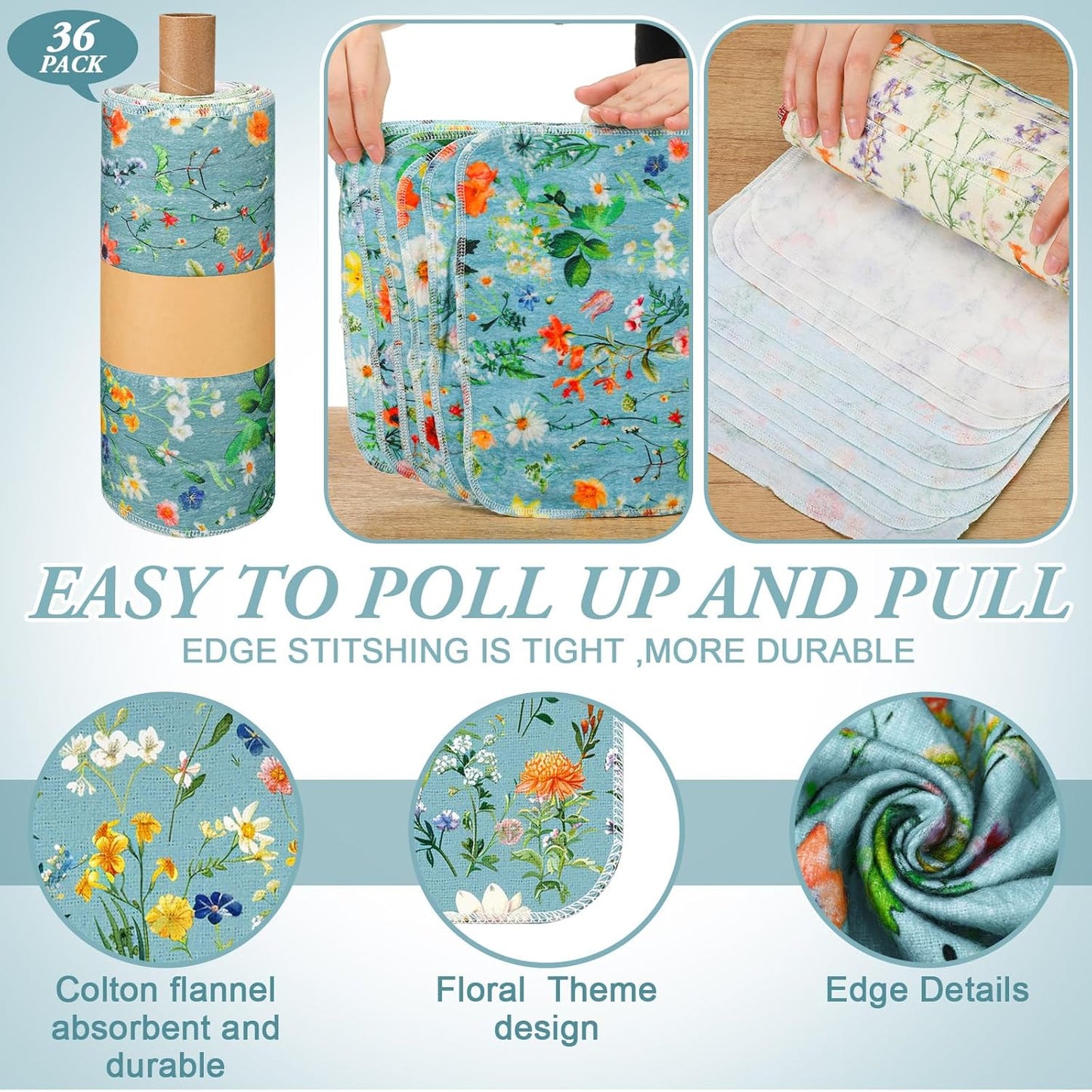Redbaker 30 Pcs Reusable Paper Towels Rolls Kitchen Towels Bulk Washable Paperless Cloth Cotton Hand Napkins with Cardboard Reusable Napkins for Kitchen Bathroom(Floral,10 x 12 in)
