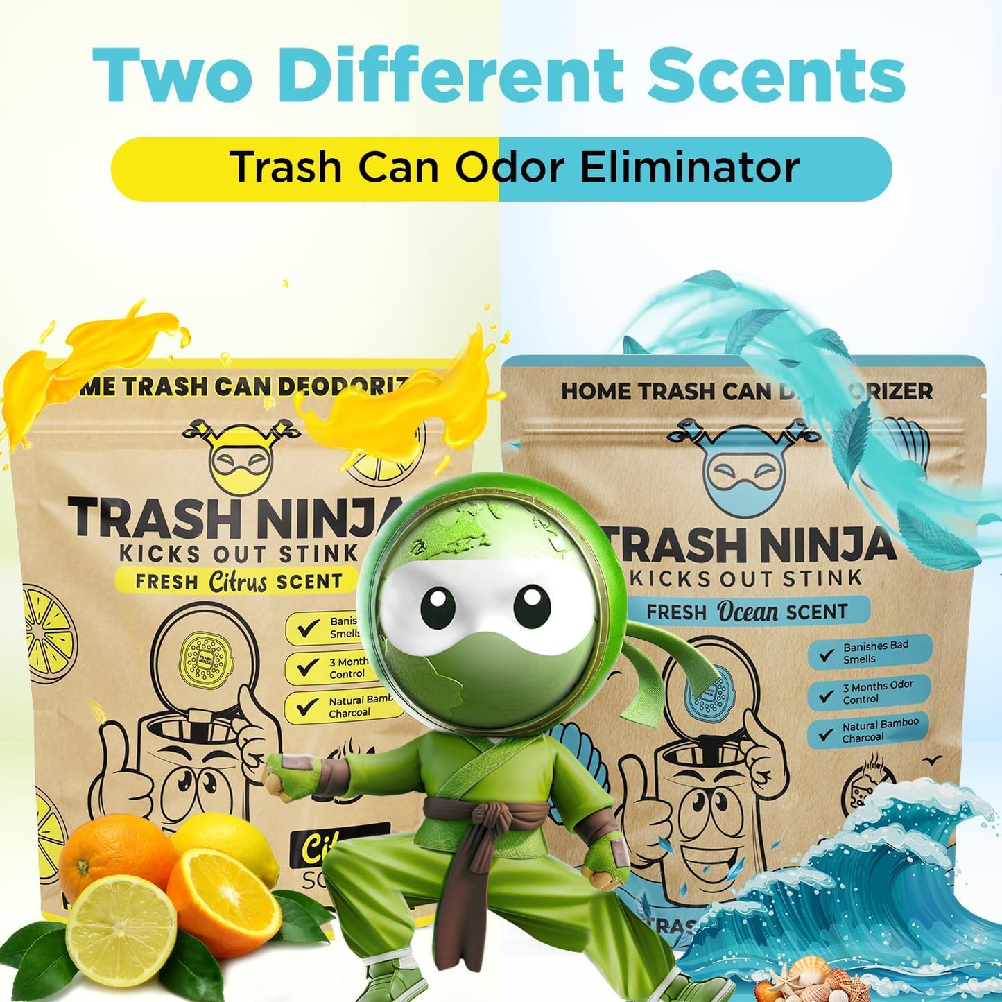 Trash Ninja Trash Odor Eliminator – Long-Lasting Citrus Scent Deodorizer with Activated Charcoal, Stick-On Freshener for Garbage Can, Fridge, Bathroom, Kitchen, and Diaper Pail Odors