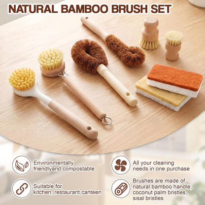 Sliner 14 Pcs Bamboo Dish Brush Set Include Natural Kitchen Sponge Wooden Dish Brush with Sisal Bamboo Scrubber for Kitchen Cleaning Pans Pots Bottles Vegetables