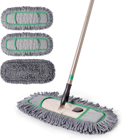 Eyliden Pro Dust Mop for Floor Cleaning | Dry Mop with 3 Reusable Microfiber Pads, Pet Hair Removal, Spill Absorption | One-Click Replacement, Telescopic Handle for Home and Commercial Use, Grey+Green