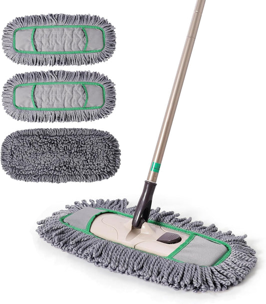 Eyliden Pro Dust Mop for Floor Cleaning | Dry Mop with 3 Reusable Microfiber Pads, Pet Hair Removal, Spill Absorption | One-Click Replacement, Telescopic Handle for Home and Commercial Use, Grey+Green