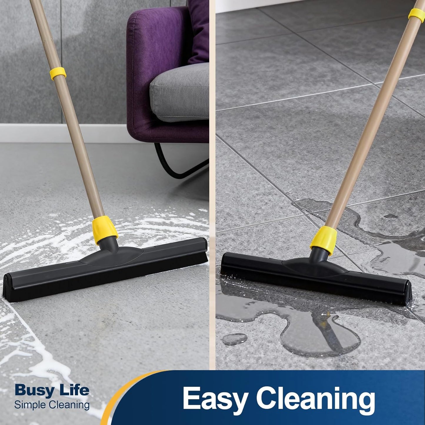 Yocada Floor Squeegee Scrubber Adjustable Telescopic Pole Heavy Duty Household Broom EVA Foam Blade for Garage Courtyard Shower Bathroom Floor Marble Glass Tile Water Foam Cleaning