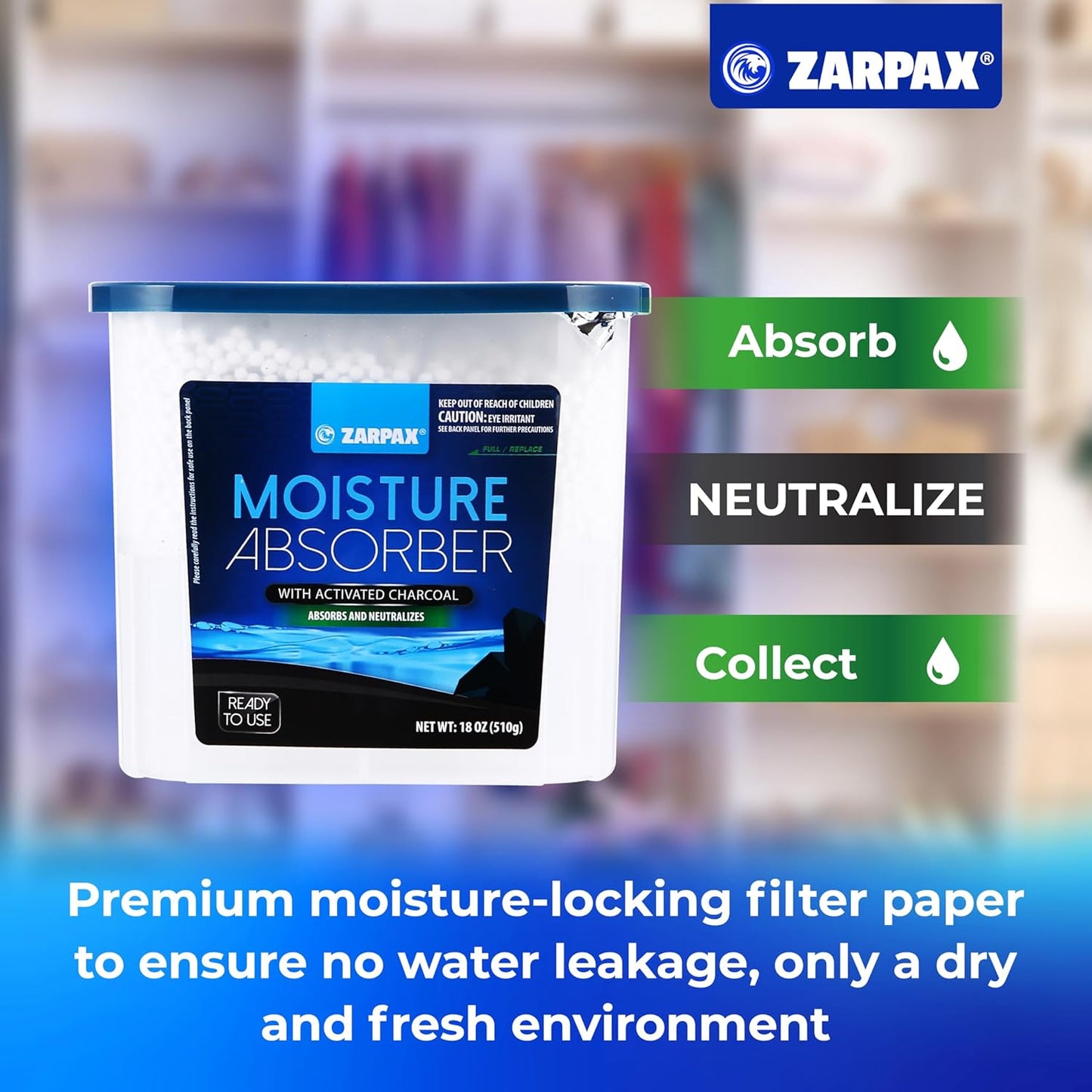 ZARPAX Moisture Absorber Activated Charcoal 10.5 oz/300g | Removes Moisture, Damp, Humidity & Odors | Odor Absorber | Moisture Trap for Bathroom, Closet, Kitchen & Small Spaces | Set of 6