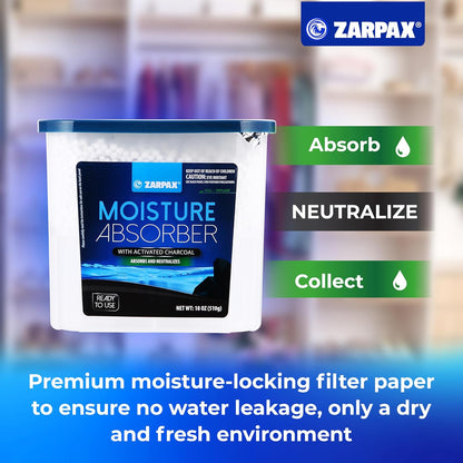 ZARPAX Moisture Absorber Activated Charcoal 10.5 oz/300g | Removes Moisture, Damp, Humidity & Odors | Odor Absorber | Moisture Trap for Bathroom, Closet, Kitchen & Small Spaces | Set of 6