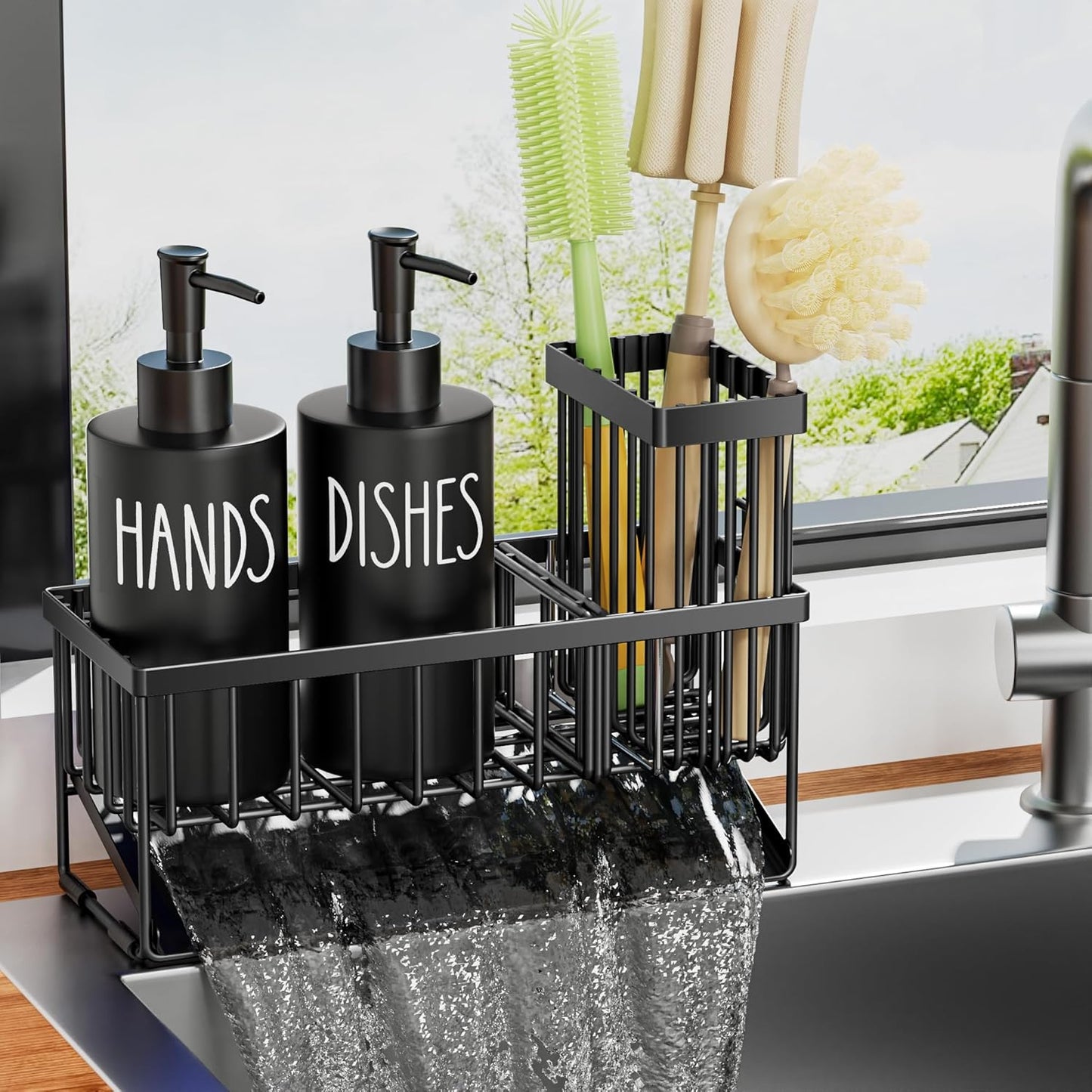 MASADI Kitchen Sink Caddy with Dish Soap Dispenser Set, 12OZ Glass Bottle, Hand and Dish Soap Dispenser Set, Non-Slip Silicone Pad, Brush Holder, Kitchen Sink Organizer Countertop (Black+Clear)