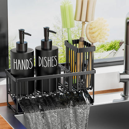 MASADI Kitchen Sink Caddy with Dish Soap Dispenser Set, 12OZ Glass Bottle, Hand and Dish Soap Dispenser Set, Non-Slip Silicone Pad, Brush Holder, Kitchen Sink Organizer Countertop (Black+Clear)
