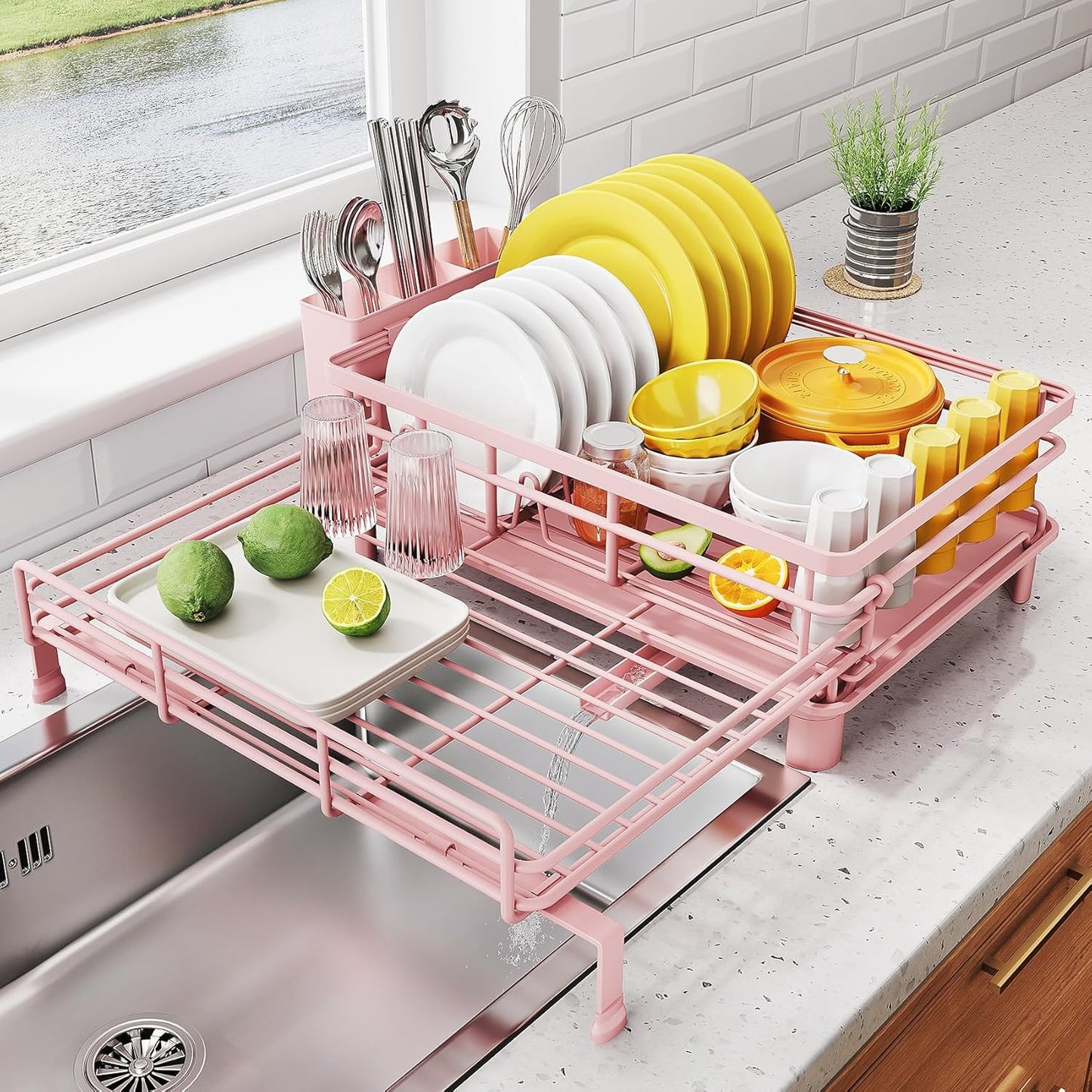 SNTD Dish Drying Rack - Extendable Dish Rack, Large Sink Drying Dish Drainer for Kitchen Counter, Stainless Steel Dish Strainer with Utensil Holder (Black)